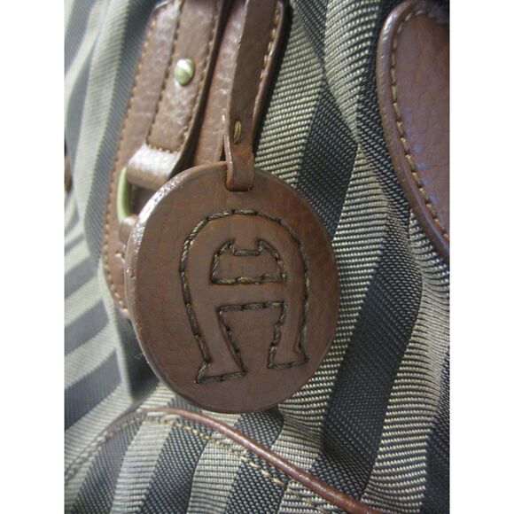 CLASSIC ETIENNE AIGNER STRIPED FABRIC & LEATHER HANDBAG,TOP ZIP OPENING PERFECT - Picture 6 of 9